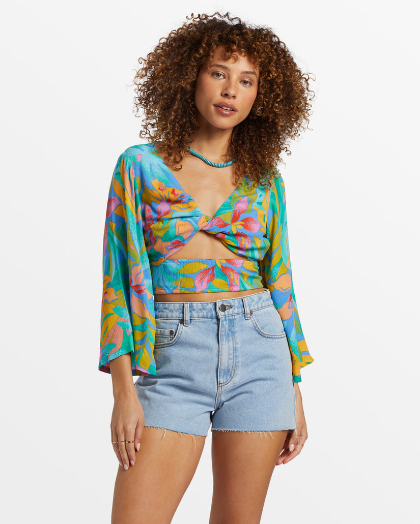 Summer Heat Bell Sleeve Crop Top - Marina