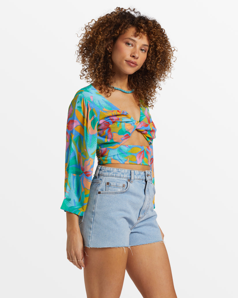 Summer Heat Bell Sleeve Crop Top - Marina