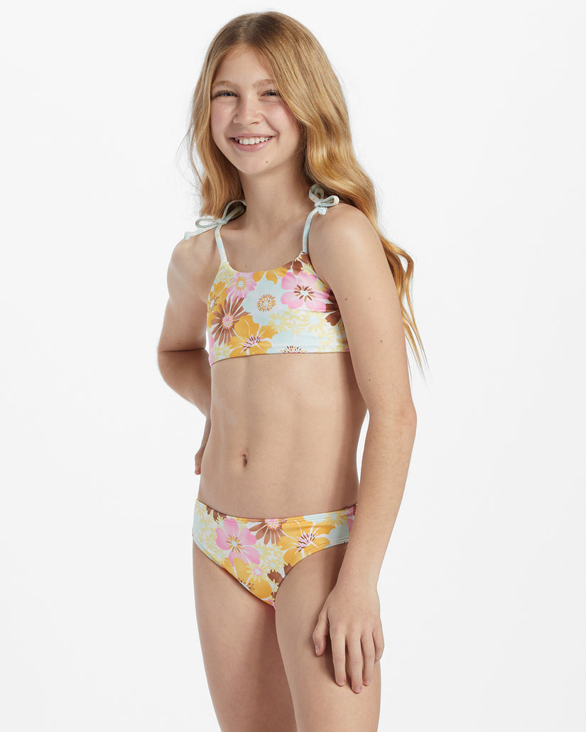 Tween Girls Sleeveless Groovy Flower Flutter Bikini Swimsuit